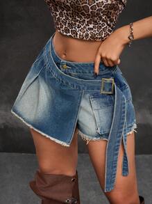 SHEIN ICON Women's Casual Cargo Pocket Raw Hem Cover Front Denim Skort - Dark Wash - View 5