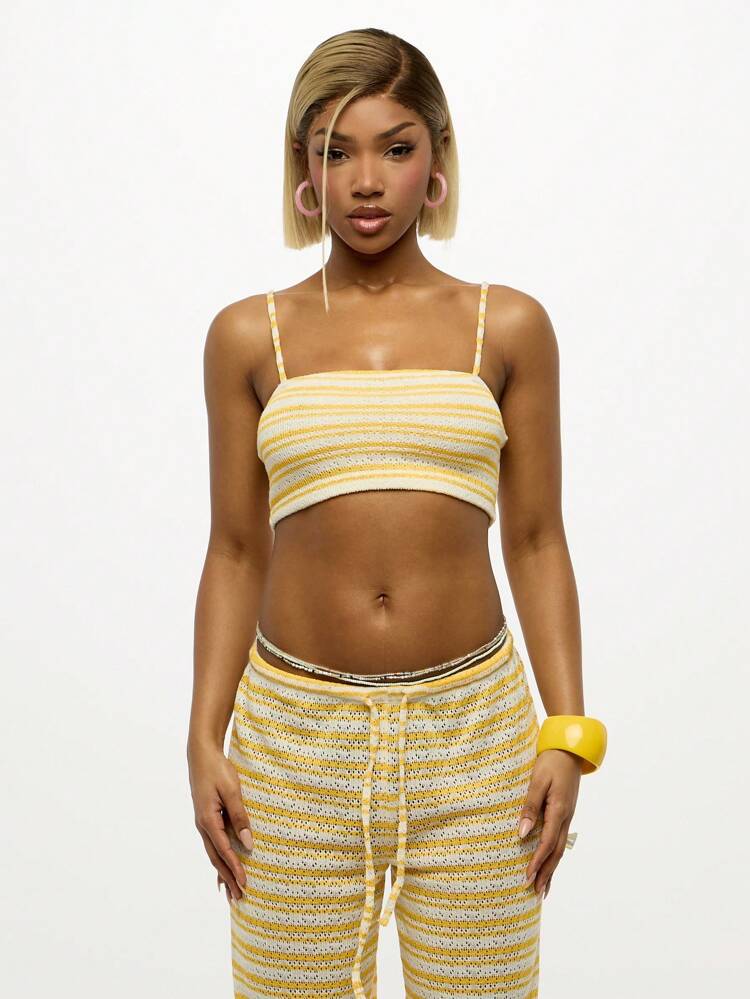 SUMWON WOMEN Crochet Striped Bandeau Sleeveless Stretchy Knit Tank Cami