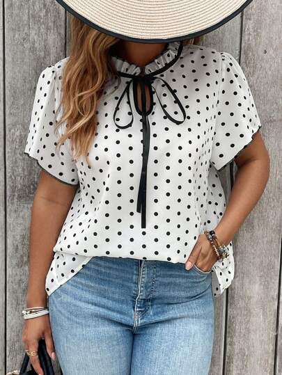 SHEIN Clasi Plus Size Polka Dot Short Sleeve Shirt, Fashionable For Summer,Business Casual Woman