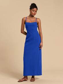 Travachic 女士纯色细肩带露背连衣裙，适合夏季 - 藍色 - 查看 4