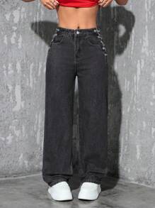 SHEIN EZwear Jeans de unicolor, con bolsillo, ajustado y recto con cordones