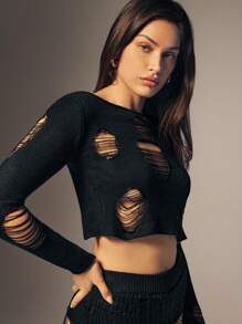 Denimoi Women's Solid Color Crew Neck Long Sleeve Distressed Cropped Fitted Sweater Top - Black - View 3