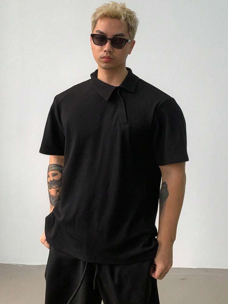Men's Solid Dark-Colored Collar Design Polo Shirt, Summer