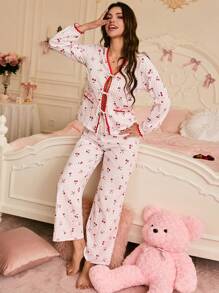 SHEIN Women's Bow, Heart, Cherry Print Contrast Color Pajama Set - Multicolor - View 3