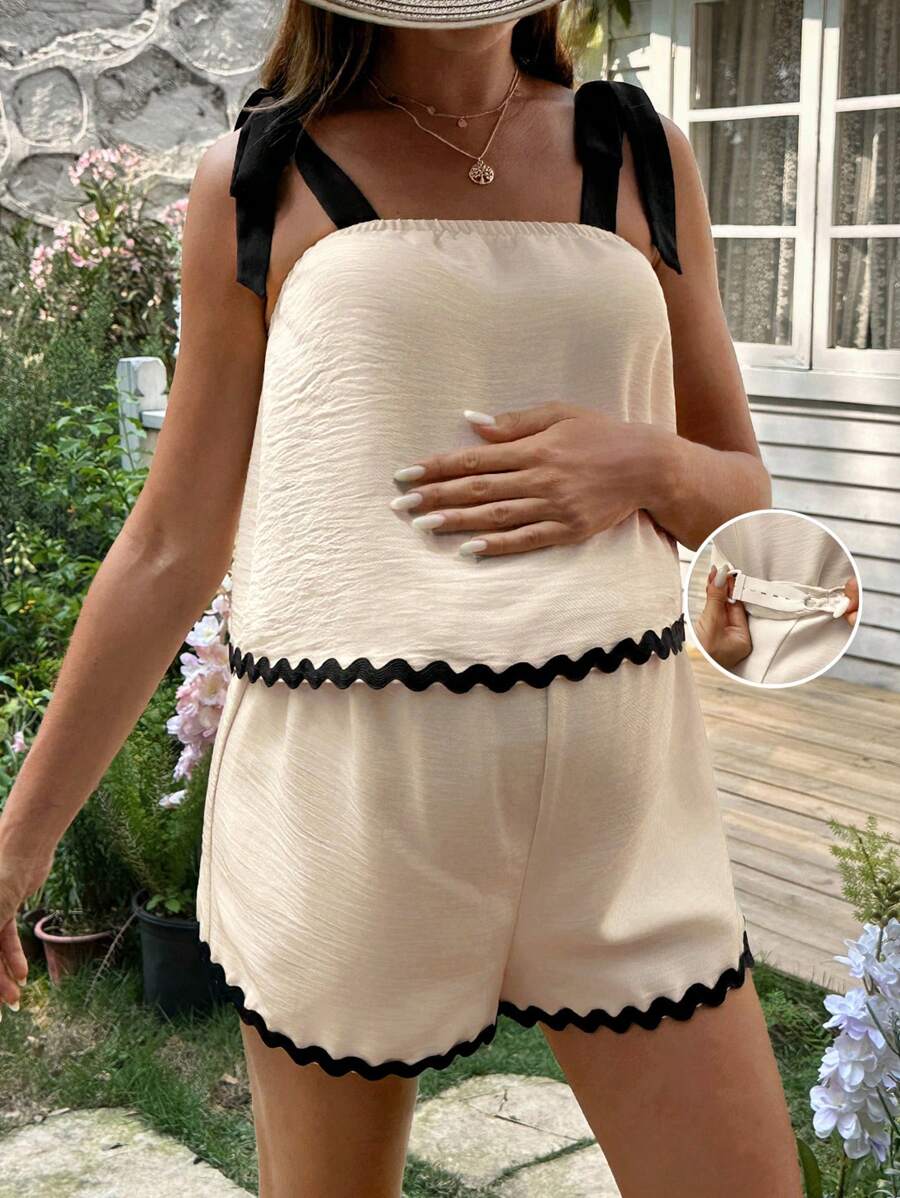 SHEIN Maternity Contrast Color Knot Camisole And Shorts 2 Pieces Set, Casual - Khaki - View 1