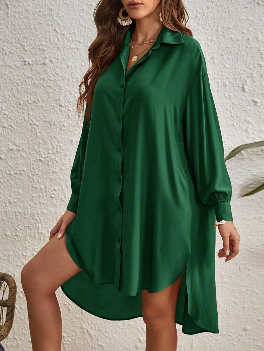 SHEIN VCAY Áo sơ mi dài tay đơn hàng thường ngày màu trơn cỡ lớn cho nữ - màu xanh lá - Xem 1