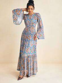 Claire Tale Retro Totem Print Mesh Print Asymmetric Side Hollow Flared Long Sleeve Sexy Maxi Dress Boho Vacation Dress Cocktail Dress Formal Dress - Multicolor - View 3