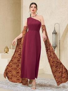 Al Najma Women's Floral Print Asymmetric Neck Elegant Arabic Style Dress