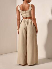 Veslaya Completo estivo 2 pezzi composto da top con laccetti a forma di lisca di pesce e pantaloni a gamba ampia con tasche, in tessuto strutturato, per donna con taglie forti