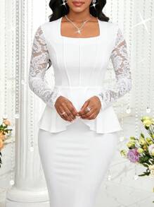SHEIN Lady 2 pezzi, completo elegante da donna composto da top e gonna con patch in pizzo a tinta unita, bianco, adatto per abiti casual da lavoro