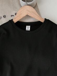 SHEIN LMoss Kids LMoss Tween Girl Music Festival Woven Solid Color Round Neck Short Sleeve T-Shirt And Shorts Set