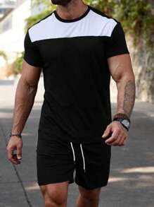 Manfinity Homme 2pcs Men's Summer Casual Contrast Color Round Neck Short Sleeve T-Shirt And Shorts Set - Black and White - View 3