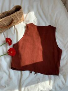 Comfortcana 女式夏季花卉刺绣前系带无袖衬衫 - 棕色 - 查看 2