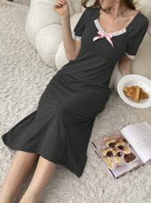 Contrast Color Lace Bow Decoration Women's Sleepwear - Dark Grey - View 6