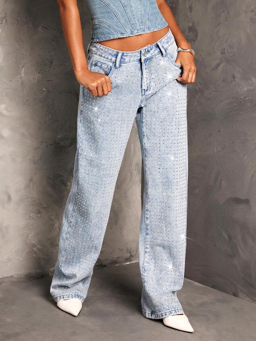 SHEIN BAE BAE Women's Low Waist Embellished Slim Straight Leg Jeans, New Years Eve ,Rhinestone Pants, Christmas Party Women Pants, Sequin Pants, Holiday Pants, Baggy Women Jeans, Baggy Jeans - Medium Wash - View 1