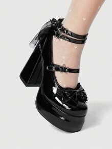 ROMWE Goth 女士玛丽珍厚底高跟鞋，蝴蝶结鞋，圆头穆勒鞋，黑色正装高跟鞋情人节 - 黑色 - 查看 5