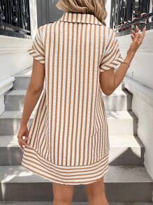 SHEIN LUNE 女士条纹印花口袋短袖休闲迷你连衣裙