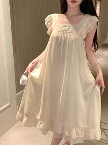 DAZY 女士甜美蝴蝶结荷叶边方领轻盈睡袍，夏季睡衣