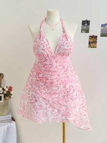Soleia Plus Size Women Back To School & Vacation Floral Print Halter Tie Asymmetrical Fitted Backless Mini Dress, Early Autumn - Multicolor - View 1