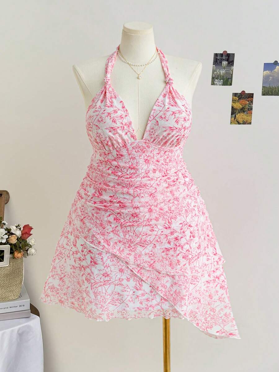 Soleia Plus Size Women Back To School & Vacation Floral Print Halter Tie Asymmetrical Fitted Backless Mini Dress, Early Autumn - Multicolor - View 1