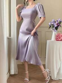 DAZY Solid Color V-Neck Puff Sleeve Women Long Dress - Purple - View 5