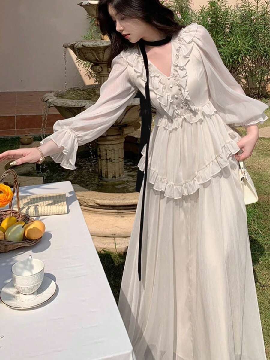 DAZY Vestido largo de manga larga elegante con cintura alta, de unicolor, con volantes en el bajo, de múltiples capas y costuras, de estilo dulce y elegante, para primavera/otoño - Blanco - Ver 1