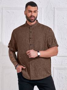 Manfinity Homme Plus Size Men Regular Fit Solid Color Rolled Sleeve Single Breasted Casual Shirt - Brown - View 3
