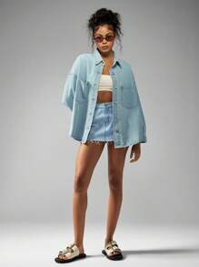 MISSGUIDED قميص جاكيت جينز كبير الحجم، ملائم مريح بأزرار وياقة، أكمام طويلة، أسلوب ملابس العمل المريح للربيع والخريف، وأزياء الشارع العصرية