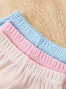 Souflis 3pcs/Set Baby Girl Casual Loose Comfy Shorts Set, Soft & Skin-Friendly Hollow-Out Floral Textured Knitted Elastic Waist Ruffle Trim, Pink & White Solid Color, Multi Color Options, High Cost-Effective, Suitable For Spring/Summer Home/Outing/Vacation - Multicolor - View 4