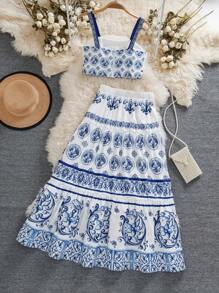 2 件套女士复古印花吊带背心上衣和裙子套装，休闲假日风格 - 藍色 - 查看 2