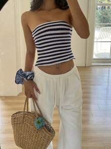 SHEIN PETITE 女士夏季休闲百搭针织条纹露背短款吊带背心 - 藍白色 - 查看 3