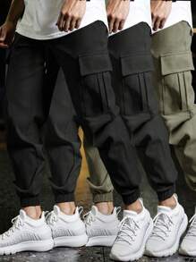 Manfinity Homme Einfarbige Cargo-Hose mit Kordelzug in der Taille, figurbetonter Passform, plissiert, mit mehreren Taschen, lässig, Herbstkleidung