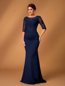 Serin Summer Elegant Romantic Dark Blue Stretch Knit Round Neck Luxury Applique Design Three-Quarter Sleeves Pleated Micro Fishtail Hem Plus A Small Train Suitable For Dinner Bachelorette Party Date Holiday Dance Music Festival Wedding Event Bride Mother Dress - Navy Blue - View 5