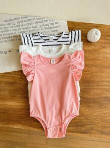 SHEIN LMoss Kids LMoss 3pcs Newborn Baby Girl Cute Summer Knitted Striped Ruffle Bodysuit Set - Multicolor - View 6