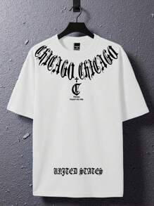 Manfinity EMRG 男士休闲宽松字母印花短袖T恤，夏季，2000年代风格 - 白色 - 查看 3