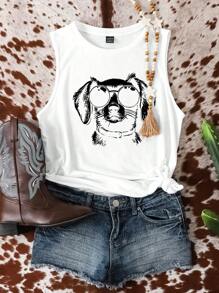 EMERY ROSE Versatile Casual Minimalist Loose Fit Sleeveless Funny Animal Print Women Tank Top, Suitable For Summer - White - View 2