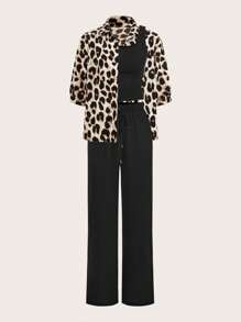 SHEIN LUNE 方领修身短款上衣，松紧腰带蝴蝶结腰带和阔腿裤 + 复古豹纹纽扣衬衫，多件套休闲度假优雅女装，夏季套装 - 彩色 - 查看 12