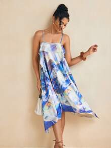 EBIB 夏季蓝色印花网眼 A 字形细肩带荷叶边中长连衣裙女士夏季度假连衣裙