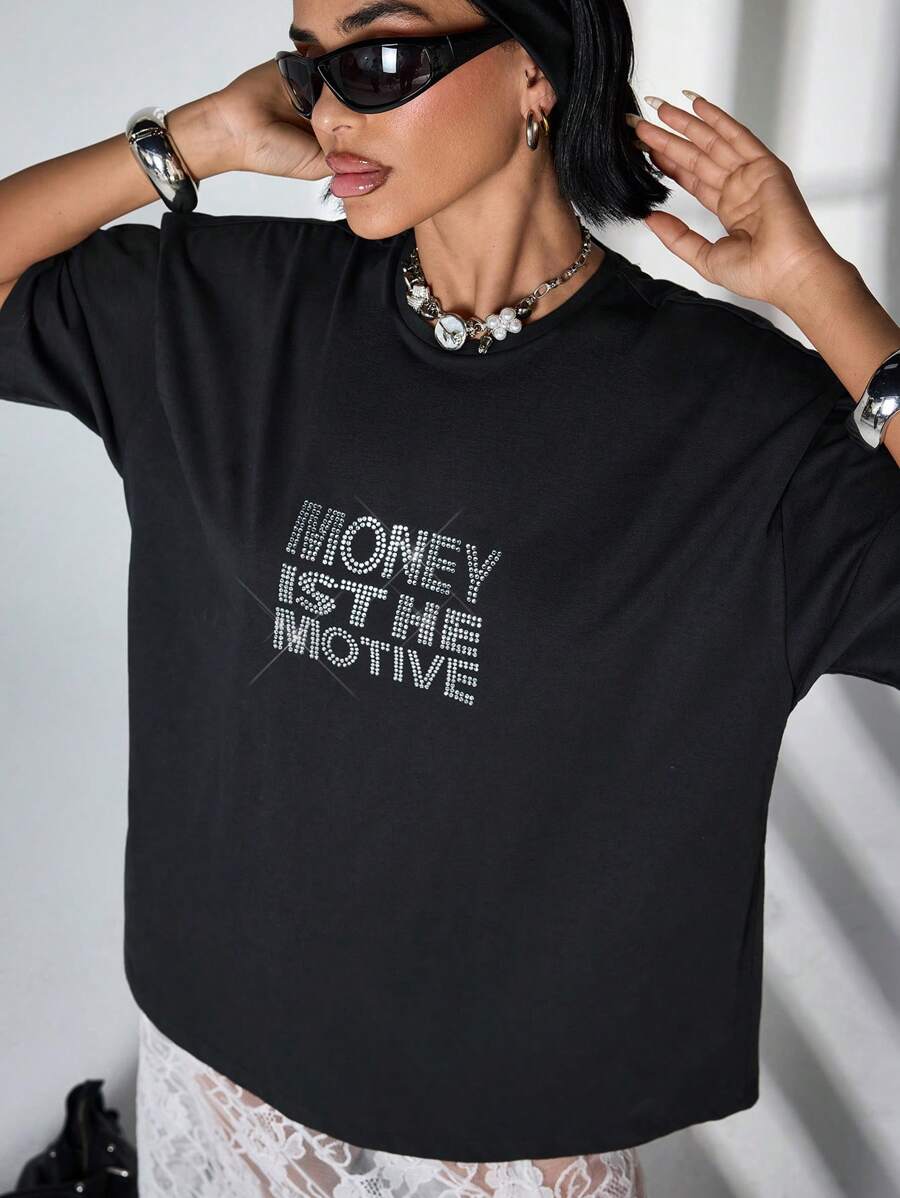 EURMUSE Maglietta donna a maniche corte, girocollo, in maglia tinta unita, vestibilità morbida, con applicazioni di strass e slogan, comoda e casual per il tempo libero e l'uscita