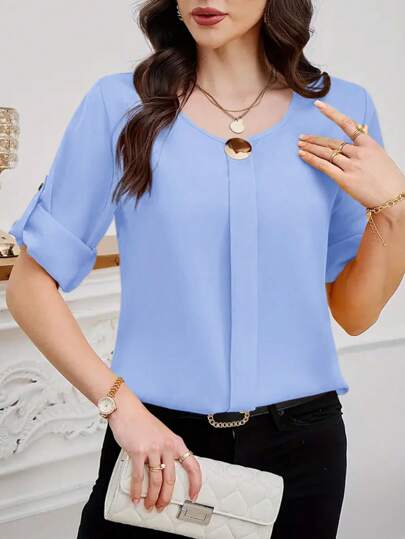 SHEIN Clasi Women's Casual Office Solid Color Roll-Up Sleeve Blouse