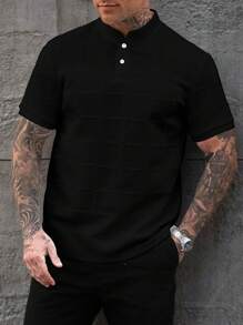 Manfinity Homme 男式休闲纯色纹理立领 Polo 衫 - 黑色 - 查看 3