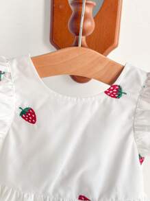 Cozy Pixies Baby Girl Strawberry Print Round Neck Ruffled Waist Casual Dress, Versatile - White - View 6