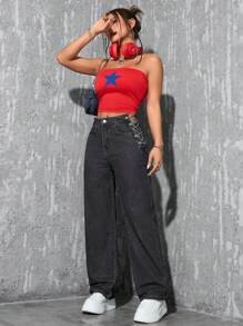 SHEIN EZwear Jeans de unicolor, con bolsillo, ajustado y recto con cordones