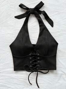 Soleia WYWH 大码女式休闲风格黑色绒面面料嬉皮前系带设计露背上衣，音乐节风格 - 黑色 - 查看 5