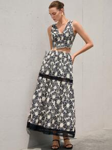 Aveloria Modichic Nuevo estilo elegante conjunto de top corto sin mangas escote en V y falda extra larga de moda francesa, diseño exquisito de contraste de color con bordado de flores 3D de encaje calado