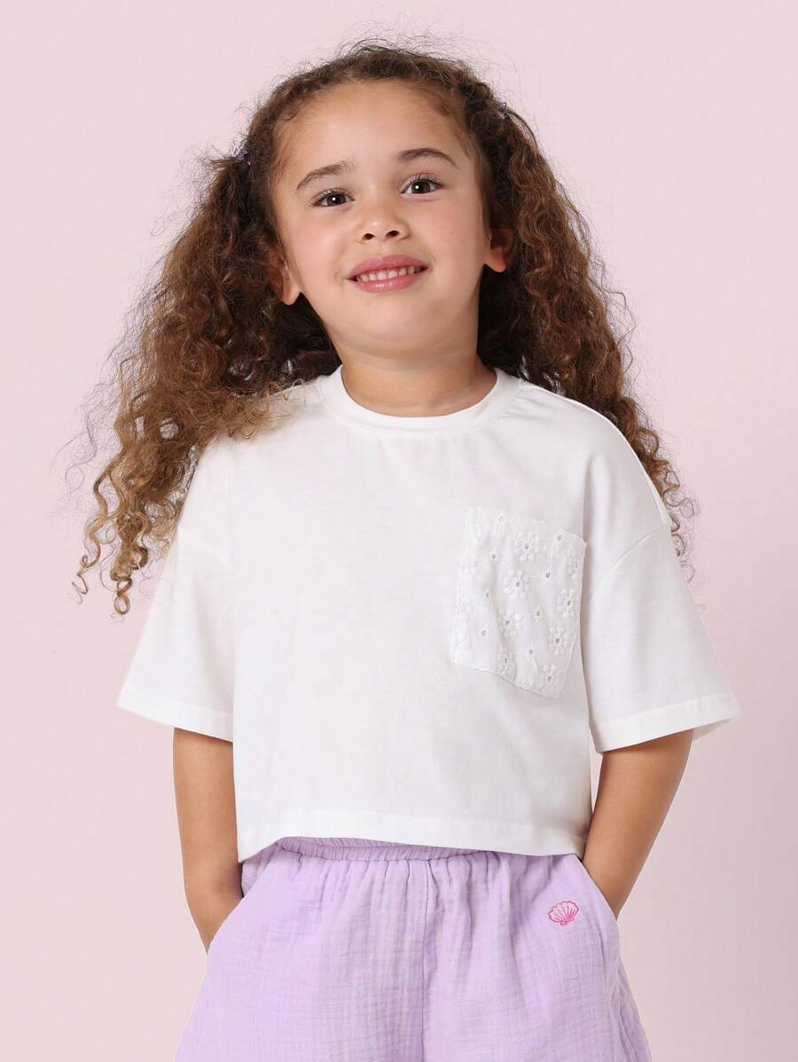 SUMWON Girls Broderie Anglaise Pocket T-Shirt Boxy Fit Cotton Summer Top Casual Daily Wear Dressy Casual White Short Sleeve Basic Tee - White - View 1
