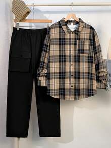SHEIN 2 件套青少年男童休闲翻领格纹衬衫和工装裤套装，适合秋季、冬季、学校、休闲、运动、生日派对，百搭简约设计 - 黑色 - 查看 3