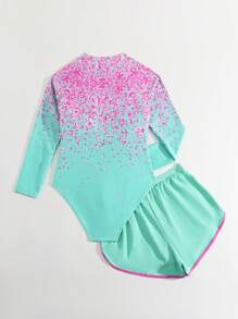 SHEIN Teenage Girls One-Piece Swimsuit & Shorts 2pcs Set, New Arrival Teenage Girls Long Sleeve Zipper Decor Swimsuit Set. Suitable For Spring/Summer Beach Swimming. Colorful Splash Dyed Gradient Pattern Design. Light Colored Stylish Fashion Design. Comfortable Fabric. Light Blue And Pink Design, Fresh And - Olive Green - View 2