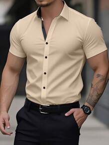 Manfinity Mode Men's Casual Commuter Contrast Color Patchwork Short Sleeve Shirt - Khaki - View 3