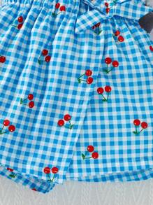 女童蓝白樱桃格子编织短裤，带荷叶边腰部、蝴蝶结装饰和不对称下摆 - 藍色 - 查看 3